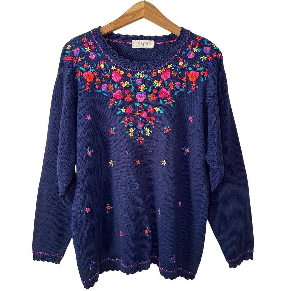 Alice Collins Vintage Multicolor Floral Cottagecore Embroidered Sweater M